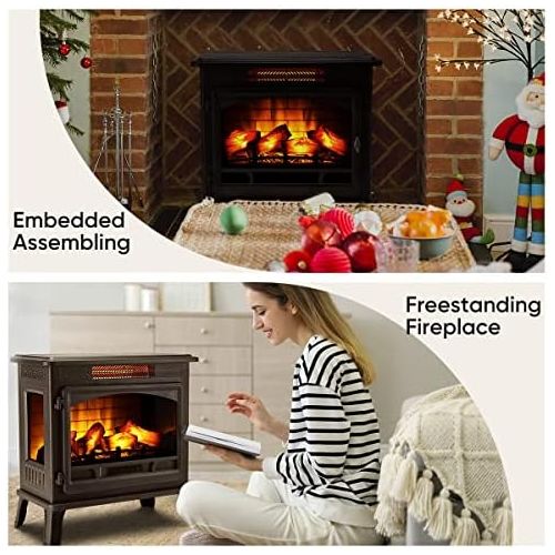  HEAO 3D Infrared Electric Fireplace Stove 24 with Visible Control Panel and Remote, Freestanding Fireplace Heater, ETL Certified, Overheating Safety Protection, for Home Office RV,
