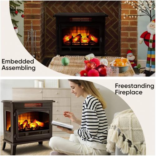  HEAO 3D Infrared Electric Fireplace Stove 24 with Visible Control Panel and Remote, Freestanding Fireplace Heater, ETL Certified, Overheating Safety Protection, for Home Office RV,