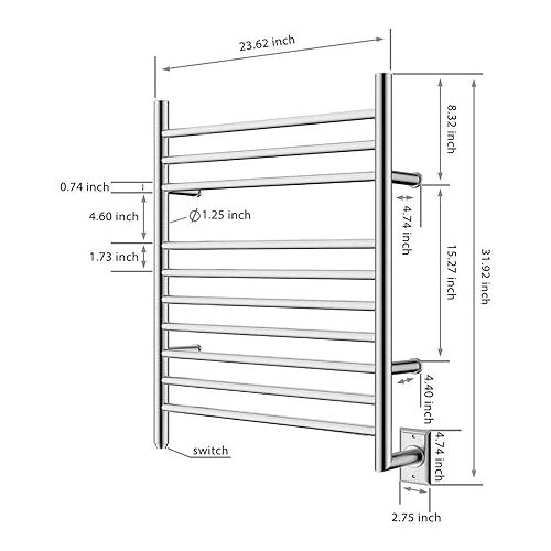  HEATGENE Towel Warmer Wall-Mounted Hardwired Heated Towel Rack Hot Towel Bar Brushed