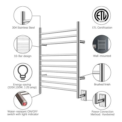  HEATGENE Towel Warmer Wall-Mounted Hardwired Heated Towel Rack Hot Towel Bar Brushed