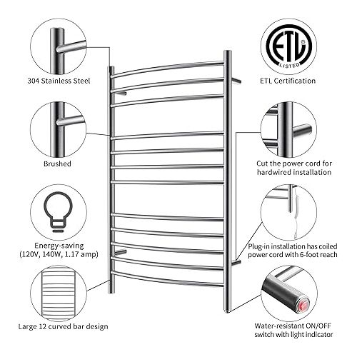  HEATGENE Towel Warmer Wall Mount Electric Plug-in/Hardwired Heated Towel Rack Brushed