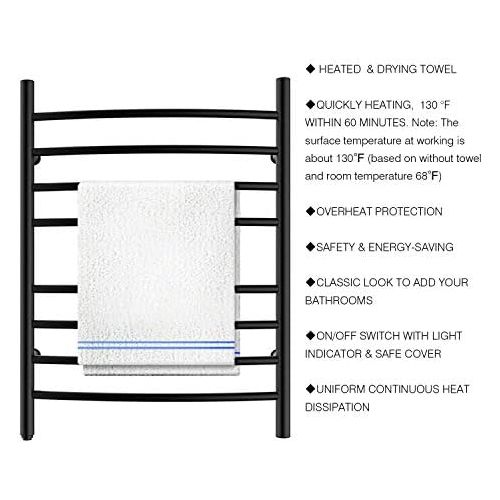  HEATGENE Towel Warmer 8 Bar Plug-in Curved Bath Towel Heater Towel Warmer for Bathroom Plug-in Drying Rack Matte Black