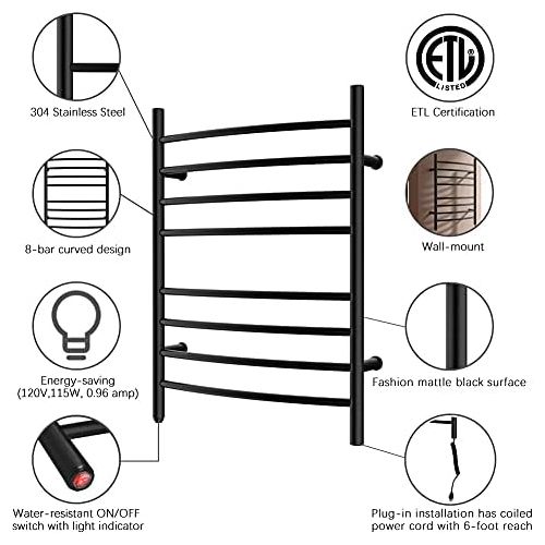  HEATGENE Towel Warmer 8 Bar Plug-in Curved Bath Towel Heater Towel Warmer for Bathroom Plug-in Drying Rack Matte Black