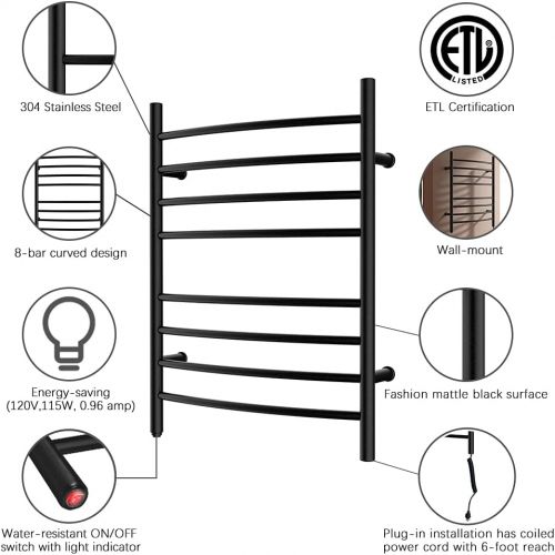  HEATGENE Towel Warmer 8 Bar Plug-in Curved Bath Towel Heater Towel Warmer for Bathroom Plug-in Drying Rack Matte Black