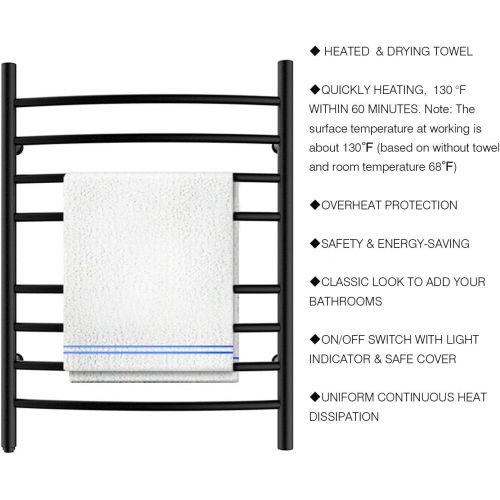  HEATGENE Towel Warmer 8 Bar Plug-in Curved Bath Towel Heater Towel Warmer for Bathroom Plug-in Drying Rack Matte Black