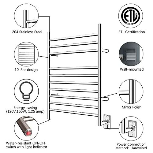  HEATGENE Hot Towel Warmer for Bath Hardwired Heated Drying Rack Straight Bars Mirror Polish