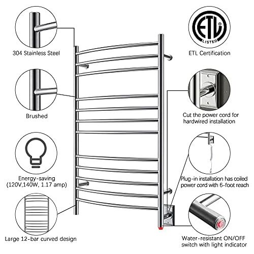  HEATGENE Towel Warmer Wall Mount Electric Plug-in/Hardwired Heated Towel Rack Brushed