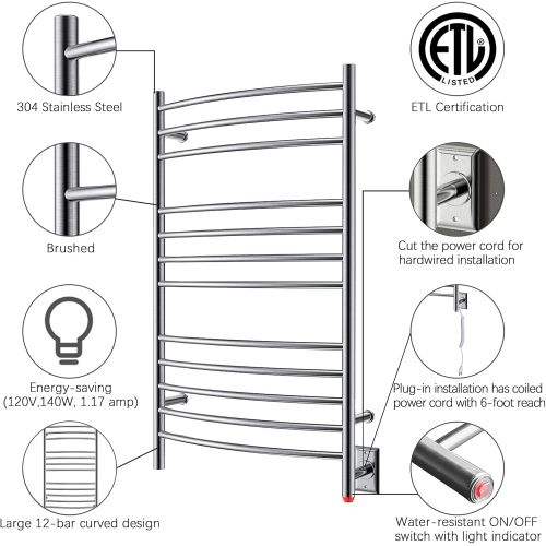  HEATGENE Towel Warmer Wall Mount Electric Plug-in/Hardwired Heated Towel Rack Brushed