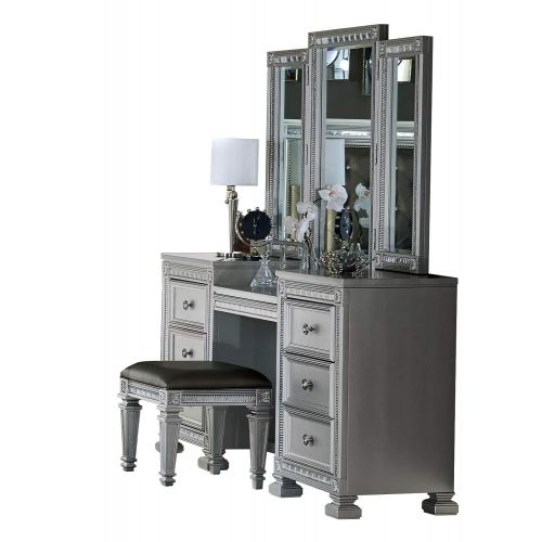  HEFX Furniture Batavia Hollywood Glam Vanity & Mirror Set in Metallic Grey