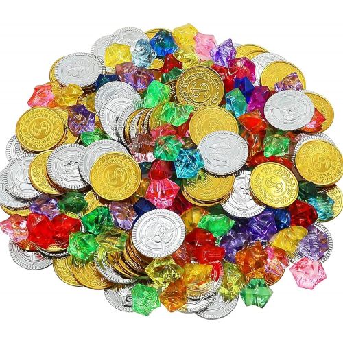  HEHALI 320pcs Pirate Toys Gold Coins and Pirate Gems Jewelery Playset, Treasure for Pirate Party (160 Coins+160 Gems) (Gold)