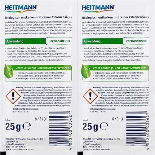  Organic Decalcifier Organic Descaler Descaling Solution for Coffee & Espresso Machines 10 x 25 g Bags Heitmann Germany