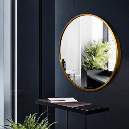  HELIn Wall-Mounted Vanity Mirrors HELIn Contemporary Brushed Metal Gold Wall Mirror | Glass Panel Gold Framed Rounded Circle Deep Set Design (Round) (Color : Gold, Size : 70cm70cm)