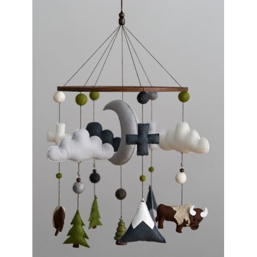  HELLOxSUGAR Bison / Buffalo / Felt Mobile / Mountain Nursery / Felt Moon / Woodland Mobile / Nursery Decor / Cross / Monochrome / Scandinavian Decor