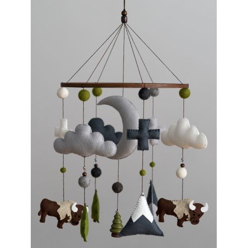  HELLOxSUGAR Bison / Buffalo / Felt Mobile / Mountain Nursery / Felt Moon / Woodland Mobile / Nursery Decor / Cross / Monochrome / Scandinavian Decor