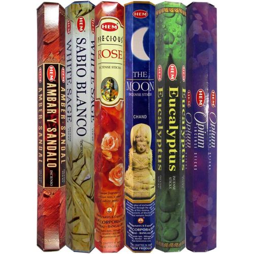  인센스스틱 HEM Variety Pack of 6 Incense Sticks Boxes - Opium, Eucalyptus, The Moon, Precious Rose, White Sage, Amber Sandal for Prayers, Meditation, Yoga, Peace, Positivity Room Freshener -
