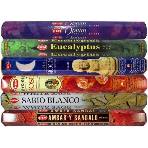  인센스스틱 HEM Variety Pack of 6 Incense Sticks Boxes - Opium, Eucalyptus, The Moon, Precious Rose, White Sage, Amber Sandal for Prayers, Meditation, Yoga, Peace, Positivity Room Freshener -