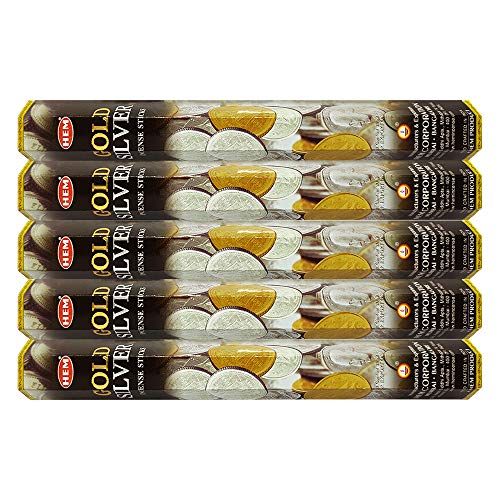  인센스스틱 HEM Gold Silver Incense Sticks Agarbatti Masala - Pack of 5 Tubes, 20 Sticks Each Box, Total 100 Sticks - Quality Incense Hand Rolled in India for Healing Meditation Yoga Relaxatio