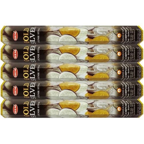 인센스스틱 HEM Gold Silver Incense Sticks Agarbatti Masala - Pack of 5 Tubes, 20 Sticks Each Box, Total 100 Sticks - Quality Incense Hand Rolled in India for Healing Meditation Yoga Relaxatio