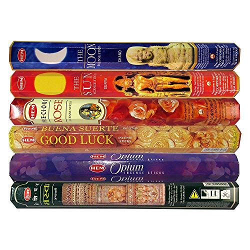  인센스스틱 HEM Hand Rolled Incense Sticks - The Moon, The Sun, Precious Rose, Good Luck, Opium, Precious Musk for Purification Relaxation Positivity Healing Peace Prayers - Pack of 6 Variety