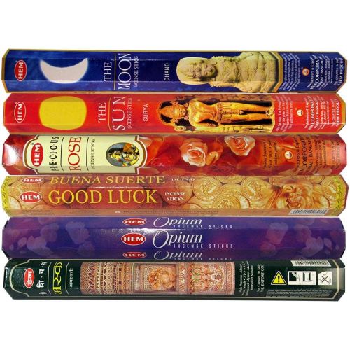  인센스스틱 HEM Hand Rolled Incense Sticks - The Moon, The Sun, Precious Rose, Good Luck, Opium, Precious Musk for Purification Relaxation Positivity Healing Peace Prayers - Pack of 6 Variety