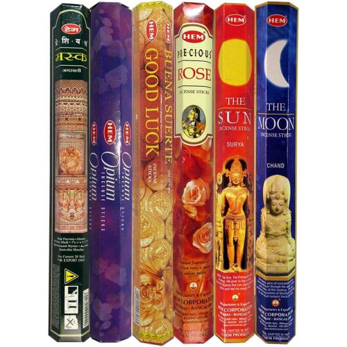  인센스스틱 HEM Hand Rolled Incense Sticks - The Moon, The Sun, Precious Rose, Good Luck, Opium, Precious Musk for Purification Relaxation Positivity Healing Peace Prayers - Pack of 6 Variety