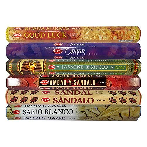  인센스스틱 HEM Fine Quality Incense Sticks - Good Luck, Opium, Egyptian Jasmine, Amber Sandal, Sandal, White Sage for Relaxation Positivity Healing Meditation - Pack of 6 Variety Boxes, 20Gms