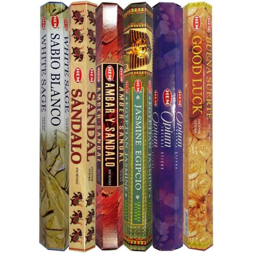  인센스스틱 HEM Fine Quality Incense Sticks - Good Luck, Opium, Egyptian Jasmine, Amber Sandal, Sandal, White Sage for Relaxation Positivity Healing Meditation - Pack of 6 Variety Boxes, 20Gms