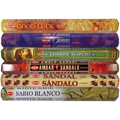  인센스스틱 HEM Fine Quality Incense Sticks - Good Luck, Opium, Egyptian Jasmine, Amber Sandal, Sandal, White Sage for Relaxation Positivity Healing Meditation - Pack of 6 Variety Boxes, 20Gms