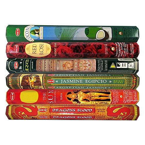  인센스스틱 HEM Fine Quality Incense Sticks - Coconut, Red Rose, Precious Musk, Egyptian Jasmine, The Sun, Dragons Blood for Relaxation Positivity Healing Meditation - Pack of 6 Variety Boxes,