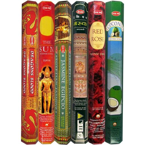  인센스스틱 HEM Fine Quality Incense Sticks - Coconut, Red Rose, Precious Musk, Egyptian Jasmine, The Sun, Dragons Blood for Relaxation Positivity Healing Meditation - Pack of 6 Variety Boxes,