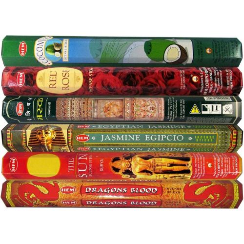  인센스스틱 HEM Fine Quality Incense Sticks - Coconut, Red Rose, Precious Musk, Egyptian Jasmine, The Sun, Dragons Blood for Relaxation Positivity Healing Meditation - Pack of 6 Variety Boxes,