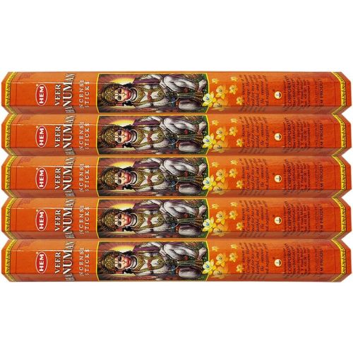  인센스스틱 HEM Veer Hanuman Incense Sticks Agarbatti Masala - Pack of 5 Tubes, 20 Sticks Each Box, Total 100 Sticks - Quality Incense Hand Rolled in India for Healing Meditation Yoga Relaxati