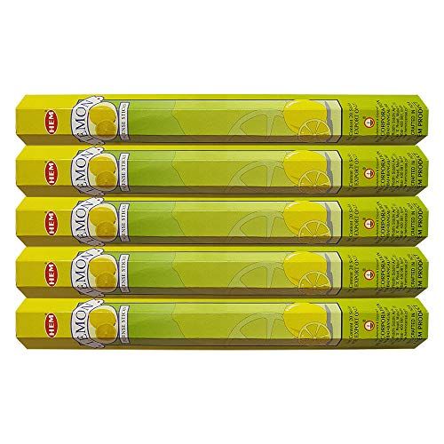  인센스스틱 HEM Lemon Incense Sticks Agarbatti Masala - Pack of 5 Tubes, 20 Sticks Each Box, Total 100 Sticks - Quality Incense Hand Rolled in India for Healing Meditation Yoga Relaxation Pray