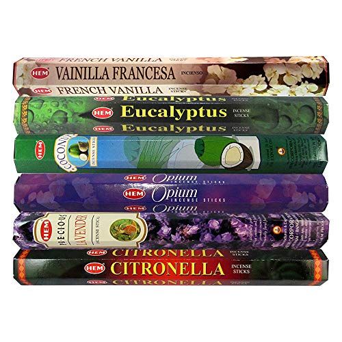  인센스스틱 HEM Fine Quality Incense Sticks - French Vanilla, Eucalyptus, Coconut, Opium, Lavender, Citronella for Relaxation Positivity Healing Meditation - Pack of 6 Variety Boxes, 20Gms Eac