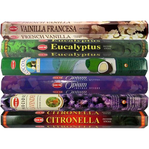  인센스스틱 HEM Fine Quality Incense Sticks - French Vanilla, Eucalyptus, Coconut, Opium, Lavender, Citronella for Relaxation Positivity Healing Meditation - Pack of 6 Variety Boxes, 20Gms Eac
