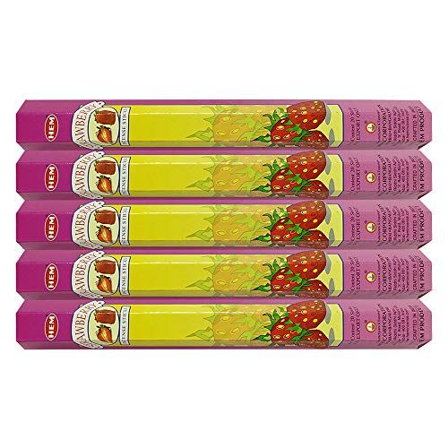  인센스스틱 HEM Strawberry Incense Sticks Agarbatti Masala - Pack of 5 Tubes, 20 Sticks Each Box, Total 100 Sticks - Quality Incense Hand Rolled in India for Healing Meditation Yoga Relaxation