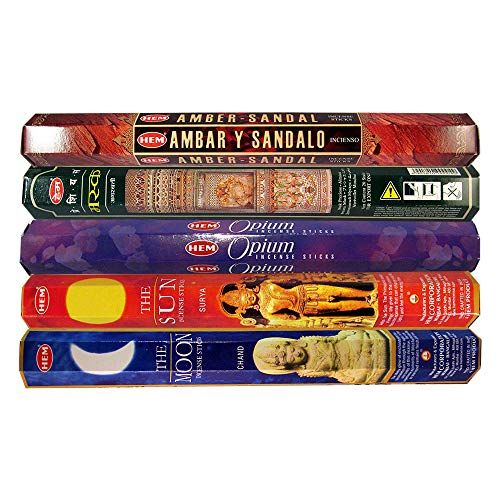  인센스스틱 HEM Variety Pack of 5 Premium Incense Sticks - Amber Sandal, Precious Musk, Opium, The Moon, The Sun for Prayers, Worshipping, Meditation, Yoga, Aromatherapy, Reiki, Spa, Healing-