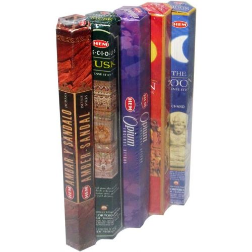  인센스스틱 HEM Variety Pack of 5 Premium Incense Sticks - Amber Sandal, Precious Musk, Opium, The Moon, The Sun for Prayers, Worshipping, Meditation, Yoga, Aromatherapy, Reiki, Spa, Healing-