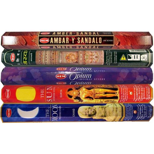  인센스스틱 HEM Variety Pack of 5 Premium Incense Sticks - Amber Sandal, Precious Musk, Opium, The Moon, The Sun for Prayers, Worshipping, Meditation, Yoga, Aromatherapy, Reiki, Spa, Healing-