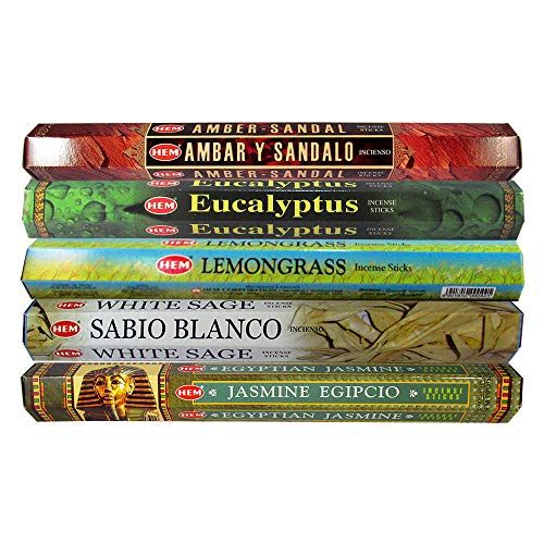  인센스스틱 HEM Hand Rolled Incense Sticks - Amber Sandal, Eucalyptus, Lemongrass, White Sage, Egyptian Jasmine for Purification Relaxation Positivity Healing Peace Prayers - Pack of 5 Variety