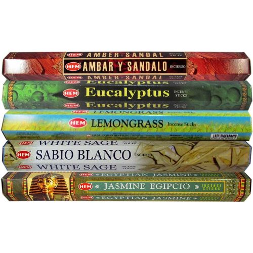  인센스스틱 HEM Hand Rolled Incense Sticks - Amber Sandal, Eucalyptus, Lemongrass, White Sage, Egyptian Jasmine for Purification Relaxation Positivity Healing Peace Prayers - Pack of 5 Variety