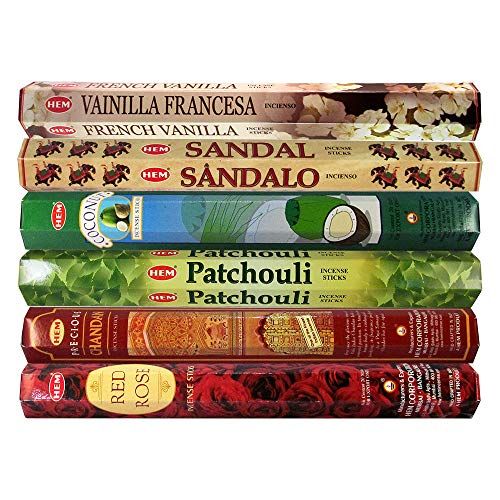  인센스스틱 HEM Incense Sticks Variety Pack of 6 Premium & Natural Fragrances - French Vanilla, Sandal, Coconut, Patchouli, Chandan, Red Rose - 20Gms Each, for Prayers, Meditation, Yoga, Relax