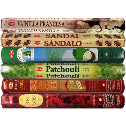  인센스스틱 HEM Incense Sticks Variety Pack of 6 Premium & Natural Fragrances - French Vanilla, Sandal, Coconut, Patchouli, Chandan, Red Rose - 20Gms Each, for Prayers, Meditation, Yoga, Relax