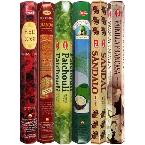  인센스스틱 HEM Incense Sticks Variety Pack of 6 Premium & Natural Fragrances - French Vanilla, Sandal, Coconut, Patchouli, Chandan, Red Rose - 20Gms Each, for Prayers, Meditation, Yoga, Relax
