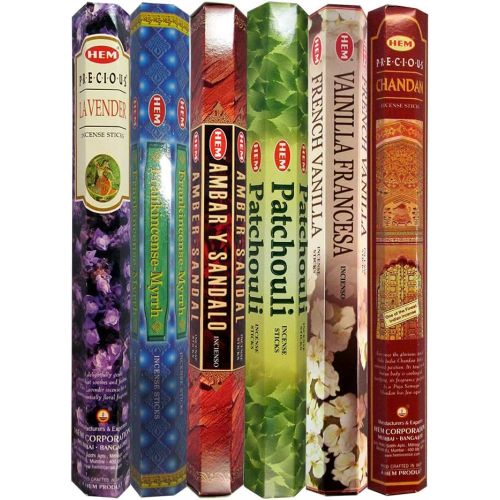  인센스스틱 HEM Incense Sticks Variety Pack of 6 Premium Fragrances - Precious Chandan, French Vanilla, Patchouli, Amber Sandal, Franckincense Myrrh, Lavender - 20Gms Each, for Prayers, Medita