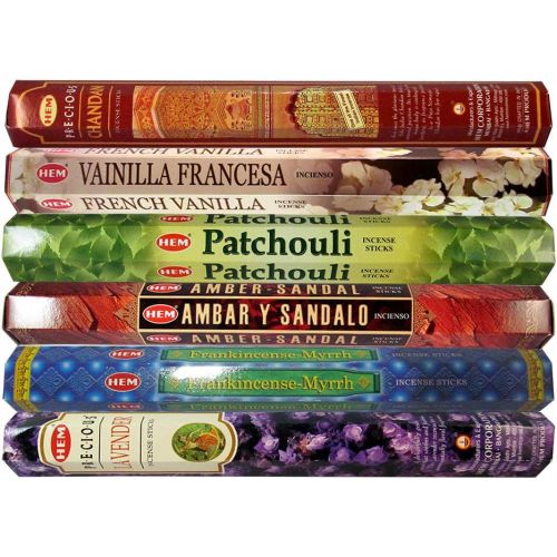  인센스스틱 HEM Incense Sticks Variety Pack of 6 Premium Fragrances - Precious Chandan, French Vanilla, Patchouli, Amber Sandal, Franckincense Myrrh, Lavender - 20Gms Each, for Prayers, Medita