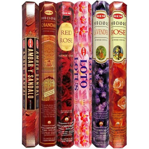  인센스스틱 HEM Hand Rolled Incense Sticks - Precious Rose, Lavender, Lotus, Red Rose, Precious Chandan, Amber Sandal for Purification Relaxation Positivity Healing Peace Prayers - Pack of 6 B