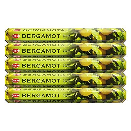  인센스스틱 HEM Bergamot Incense Sticks Agarbatti Masala - Pack of 5 Tubes, 20 Sticks Each Box, Total 100 Sticks - Quality Incense Hand Rolled in India for Healing Meditation Yoga Relaxation P