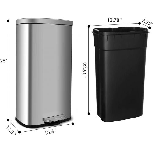  [아마존베스트]HEMBOR 8 Gallon(30L) Trash Can, Brushed Stainless Steel Rectangular Garbage Bin with Lid and Inner Buckets, Soft Step Slow and Silent Open Close Dustbin, Suit for Home Bathroom, Ki