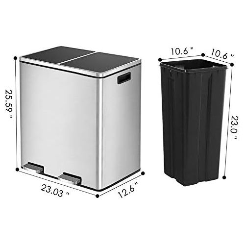  [아마존베스트]HEMBOR Dual Trash Can, 16 Gallon (2X30L) Step Rubbish Bin, Stainless Steel Double Compartment Classified Recycle Garbage Pedal Dustbin, Suit for Bathroom Kitchen Office Home, Indoo